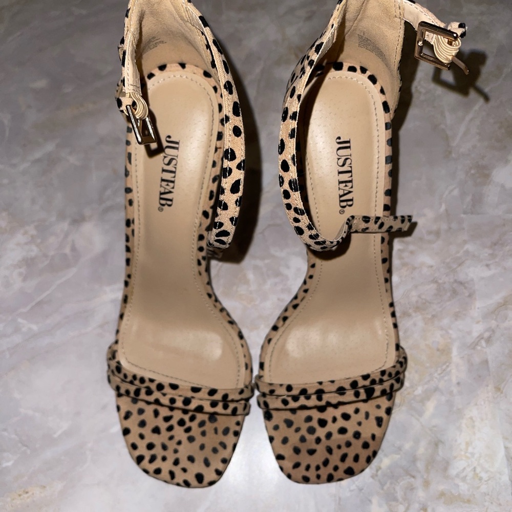 JustFab Open Toe Tan and Black Spotted Heels-Used